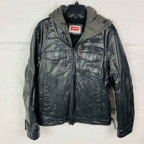 Levi's Black faux leather Sherpa lined Jacket with Gray Hood size medium - Picture 1 of 14